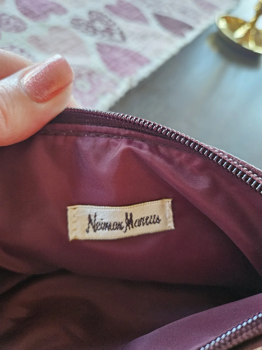 Neiman Marcus Burgandy Pebbled Leather Cosmetic Pouch Bag